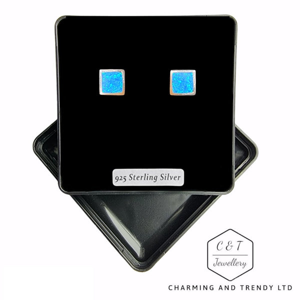 925 Sterling Silver Square Blue Opal Stud Earrings - Charming And Trendy Ltd