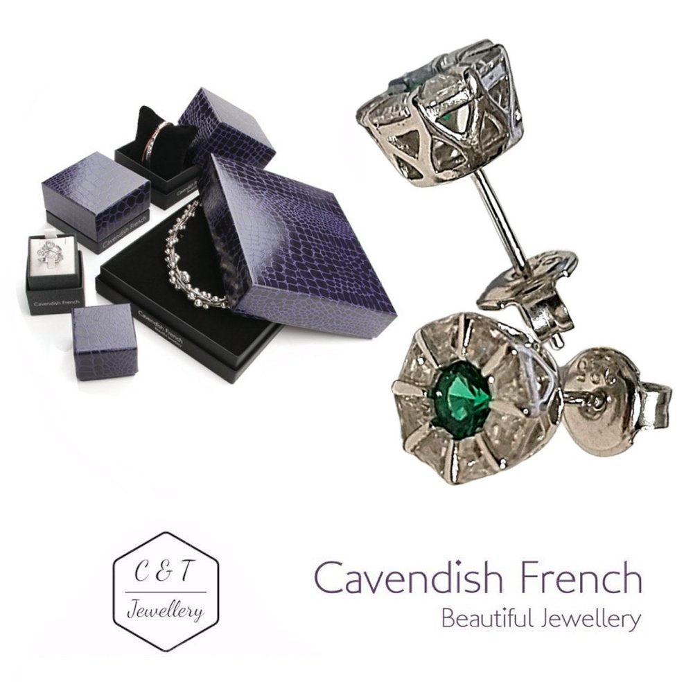 925 Sterling Silver Emerald CZ Crystal Stud Earrings by Cavendish French