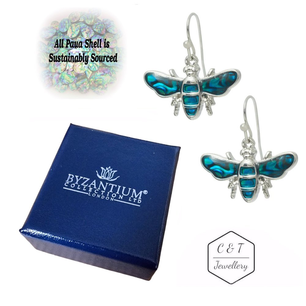 Bee Paua Abalone Shell Drop Hook Earrings - Byzantium Collection