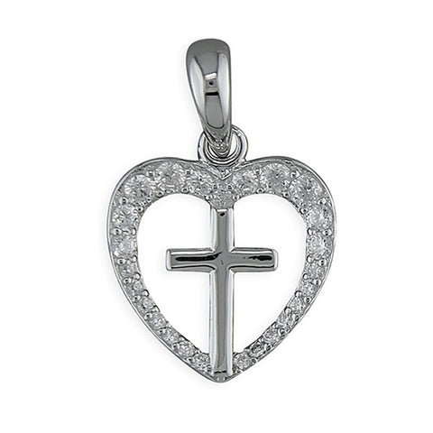 925 Sterling Silver Plain Cross in a Cubic Zirconia Heart Pendant - Charming and Trendy Ltd