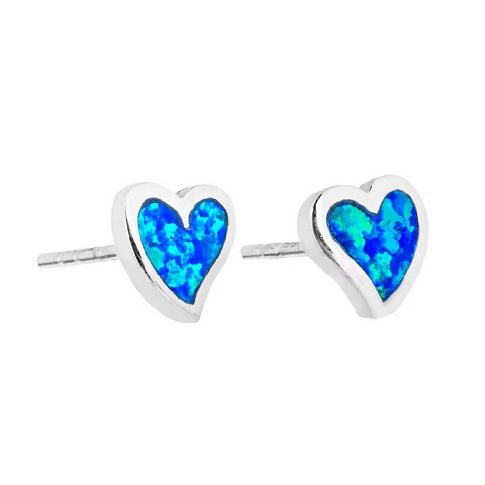 925 Sterling Silver Blue Opal 8mm Curved Heart Stud Earrings - Charming and Trendy